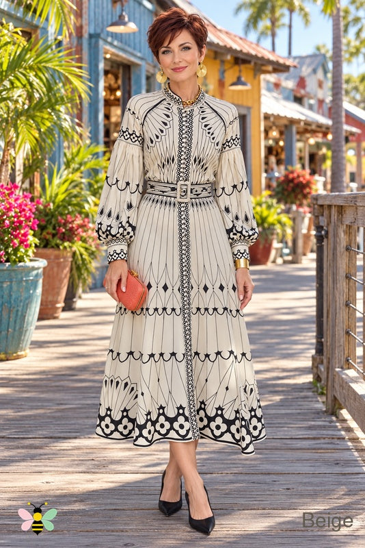 Tin City Deco Belted Shirt Dress | Beige | front