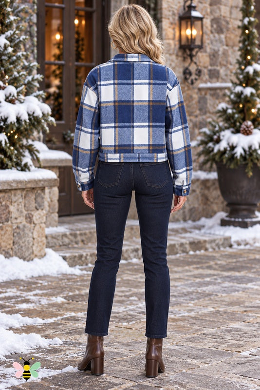 Weekend Check Cropped Jacket | Dusty Blue | back