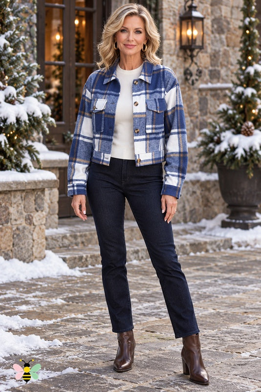 Weekend Check Cropped Jacket | Dusty Blue | front