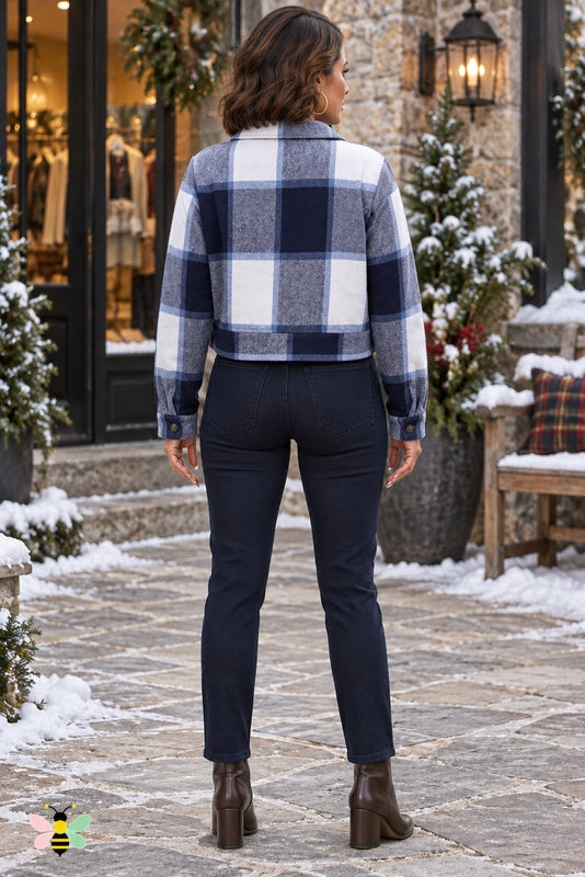 Weekend Check Cropped Jacket | Navy | back