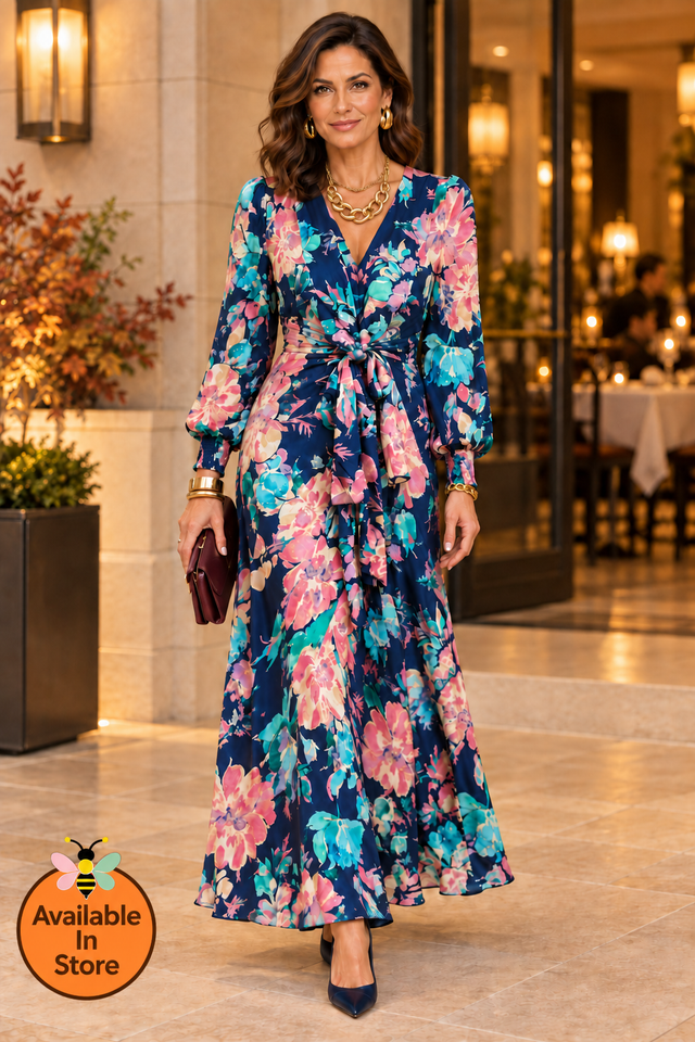 Midnight Fleur Knot-Front Maxi Dress – front view, Available In Store
