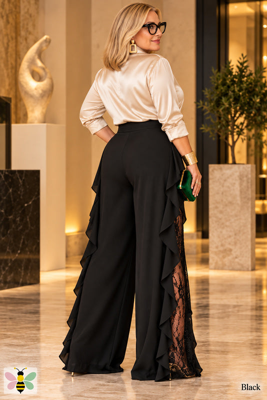 Noir Ruffle Wide-Leg Pants — Black — Back