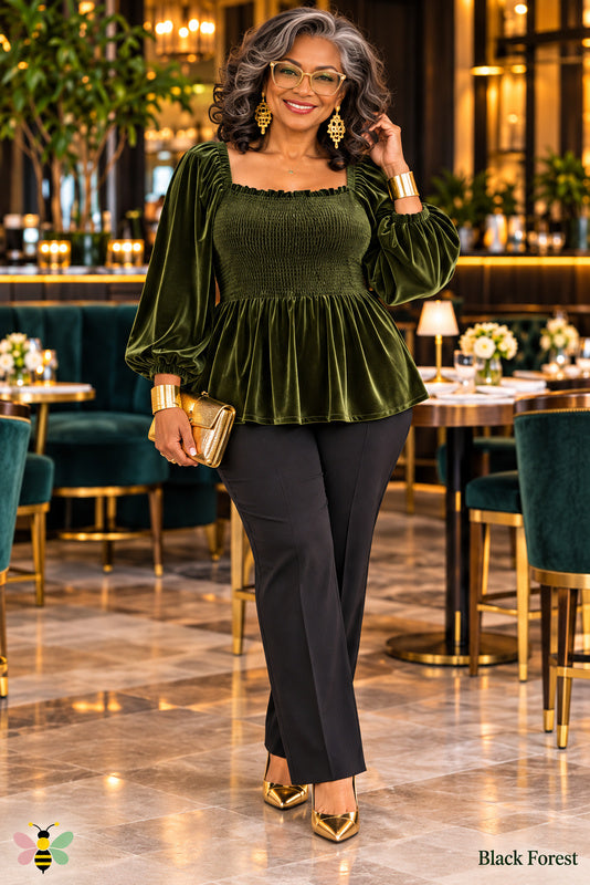 Velour Smocked Peplum Blouse — Black Forest — Front
