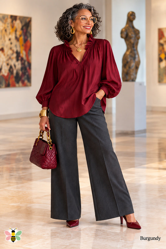 Riviera Frill Blouse — Burgundy — Front