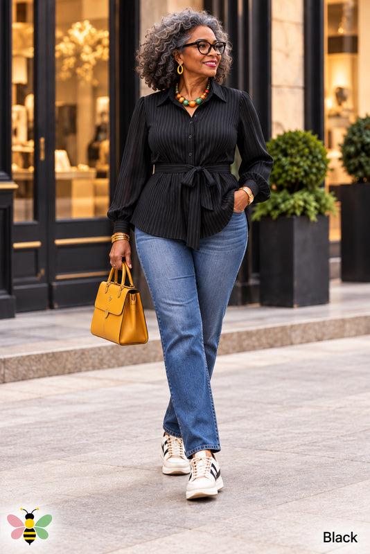 Avenue Striped Tie-Waist Shirt — Black — Front