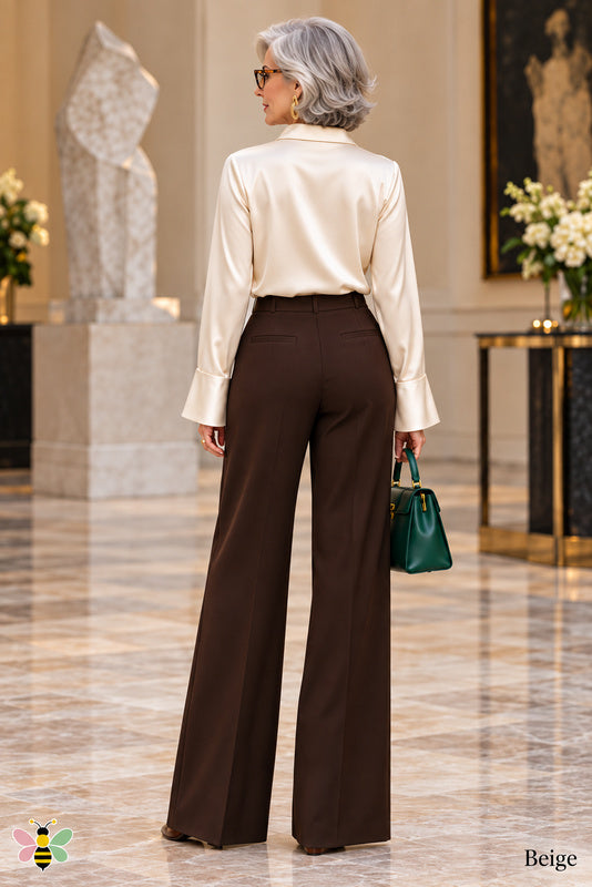Atelier Asymmetric Satin Blouse — Beige — Back