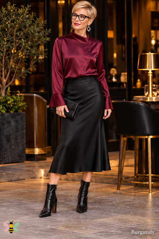 Atelier Asymmetric Satin Blouse — Burgundy — Front