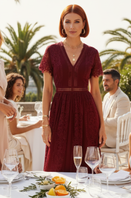 Scalloped Trim Lace Plunge Dress