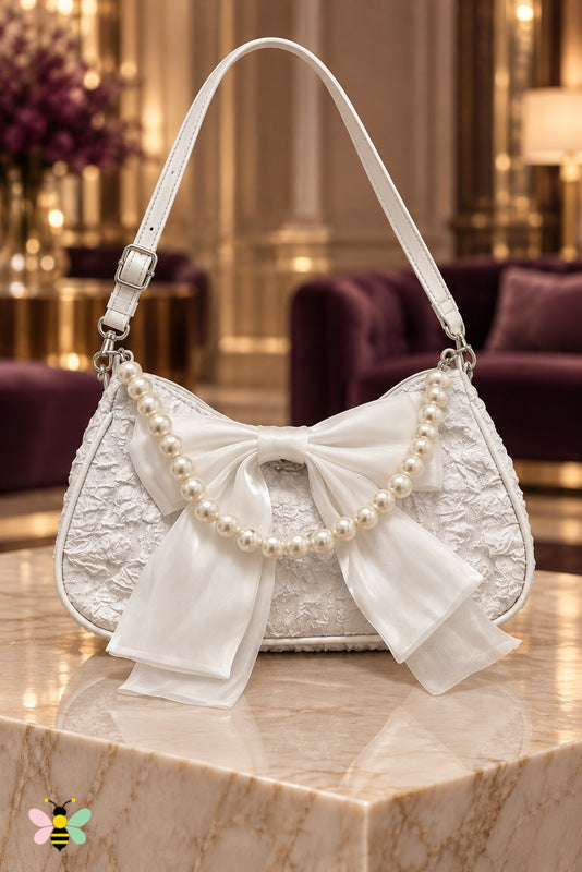 Brielle Pearl Chain Bag — White — front view