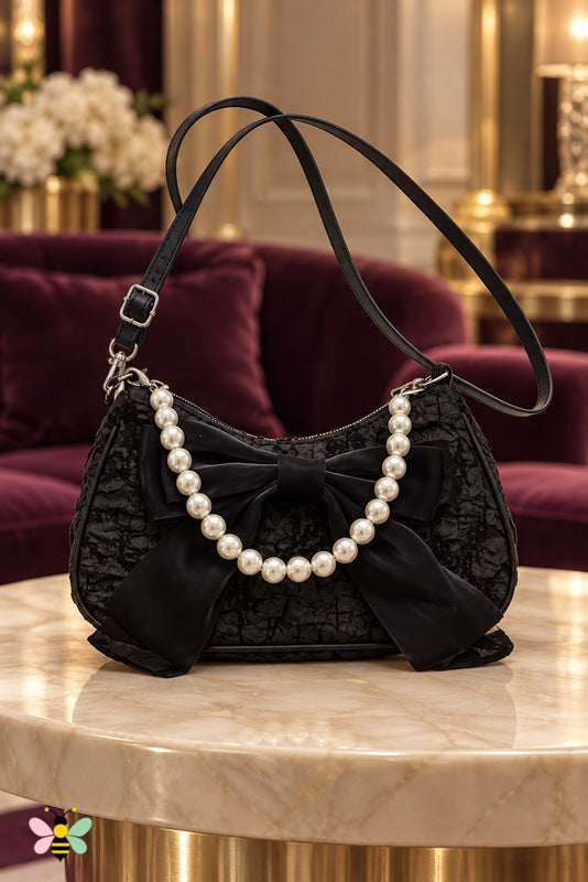 Brielle Pearl Chain Bag — Black — front view