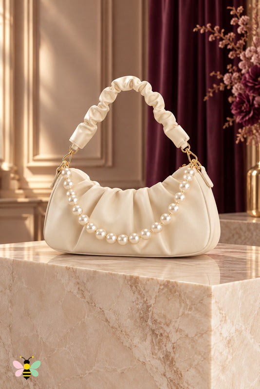 Genevieve Pearl Ruched Bag — Creamy-white — front view