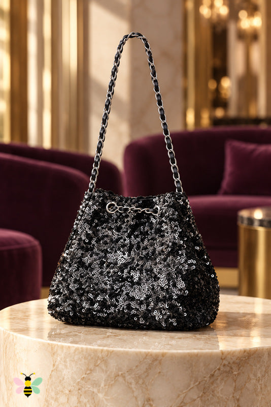 Nightfall Sequin Bucket Bag — Black — front view