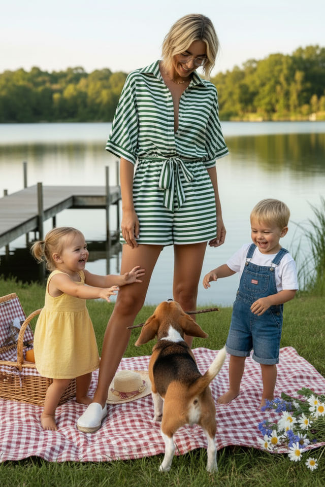 Striped Button Up Tie Romper