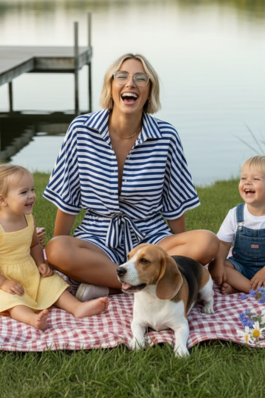 Striped Button Up Tie Romper