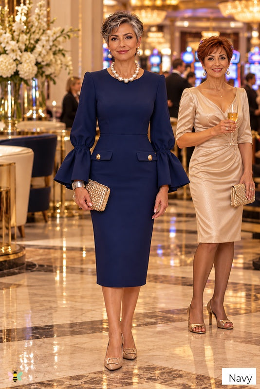 The Portico Bell-Cuff Cocktail Dress | Navy | front