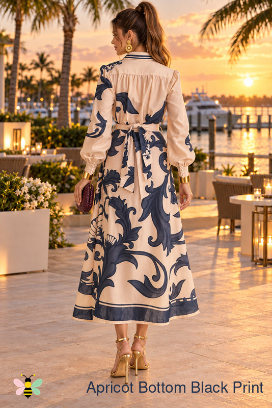 Coastal Scroll Belted Shirt Dress | Apricot Bottom Black Print | back