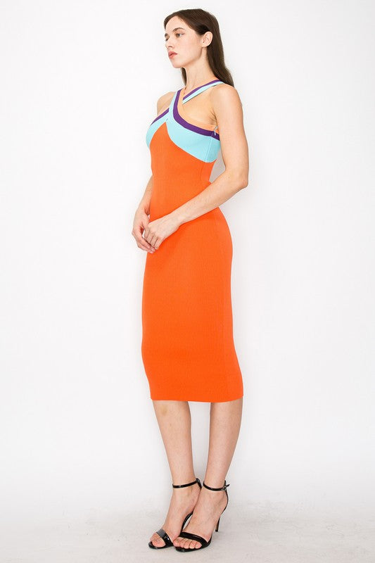 Crossover Contrast Neckline Stretch Ribbed Knit Midi Dress