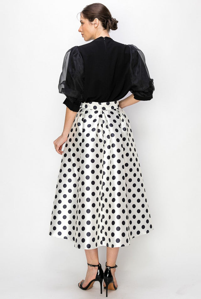 High Waist Polka Dot Print Pleated Midi Skirt.