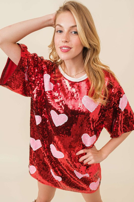 VALENTINES DAY Heart Print Sequin Tunic Top