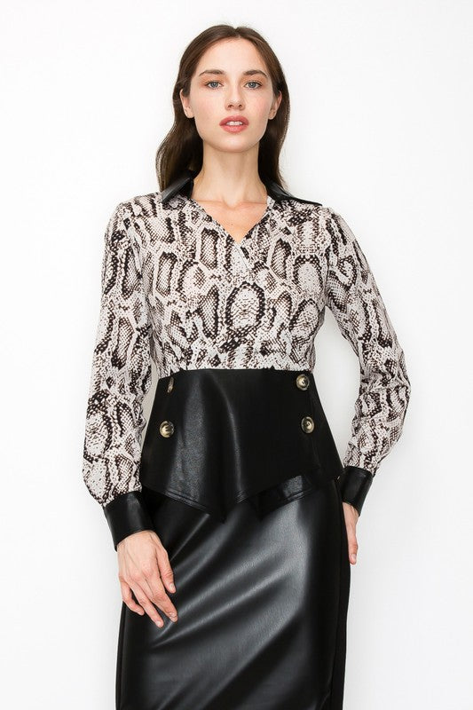 Snake Print Long Sleeve with Faux Leather Collar