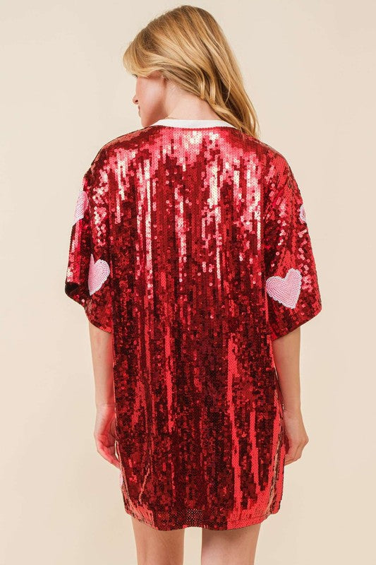 VALENTINES DAY Heart Print Sequin Tunic Top