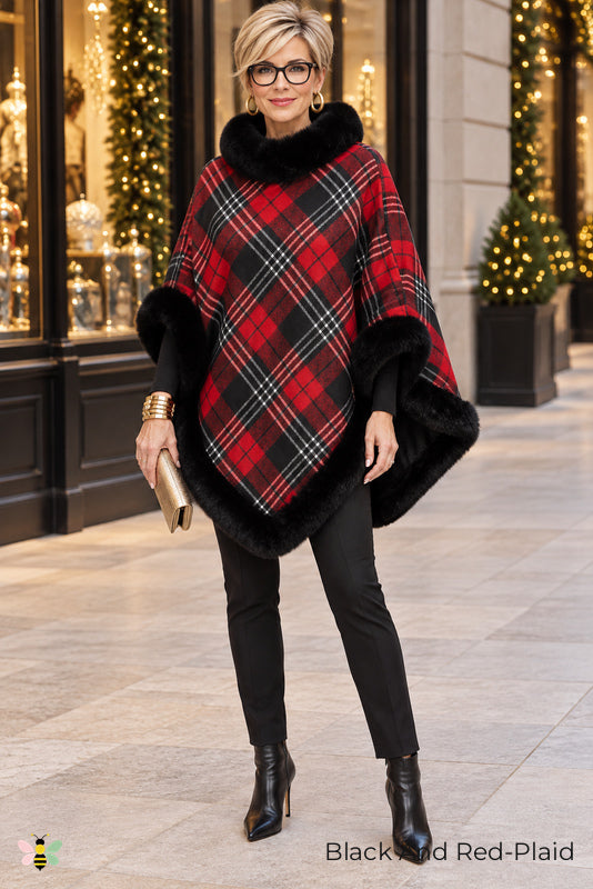 Highland Afterglow Faux Fur Plaid Cape | Black And Red-Plaid | front