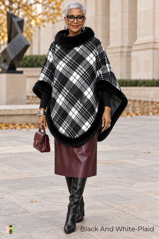 Highland Afterglow Faux Fur Plaid Cape | Black And White-Plaid | front