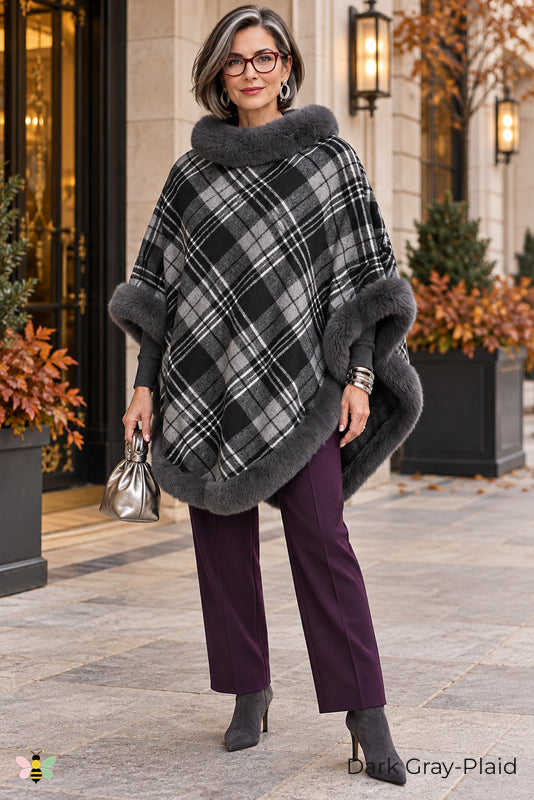 Highland Afterglow Faux Fur Plaid Cape | Dark Gray-Plaid | front