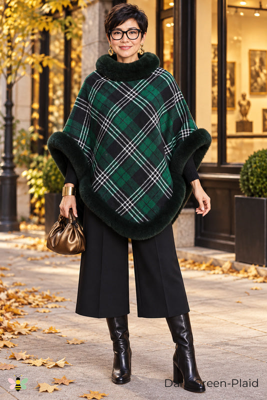 Highland Afterglow Faux Fur Plaid Cape | Dark Green-Plaid | front