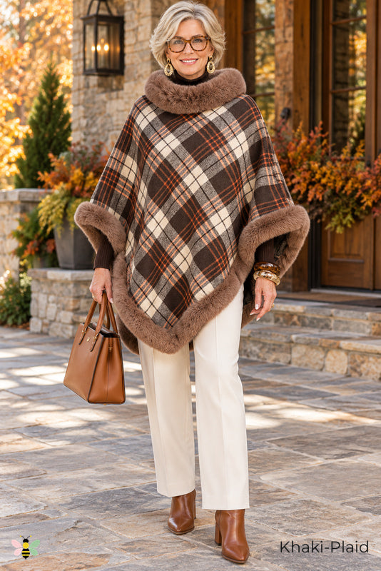Highland Afterglow Faux Fur Plaid Cape | Khaki-Plaid | front