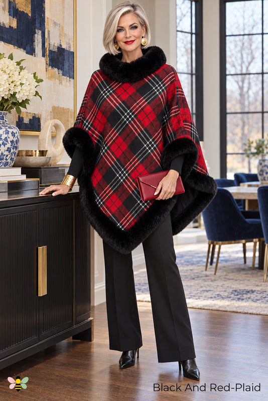 Highland Afterglow Faux Fur Plaid Cape | Black And Red-Plaid | front