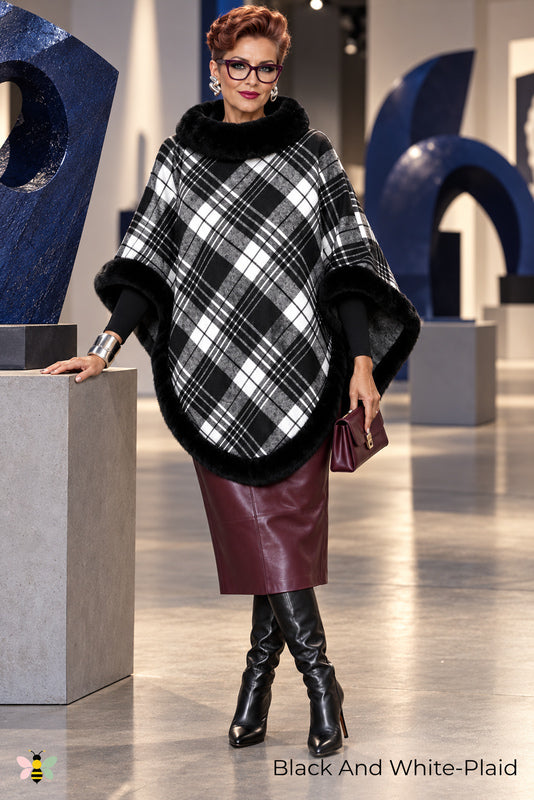 Highland Afterglow Faux Fur Plaid Cape | Black And White-Plaid | front