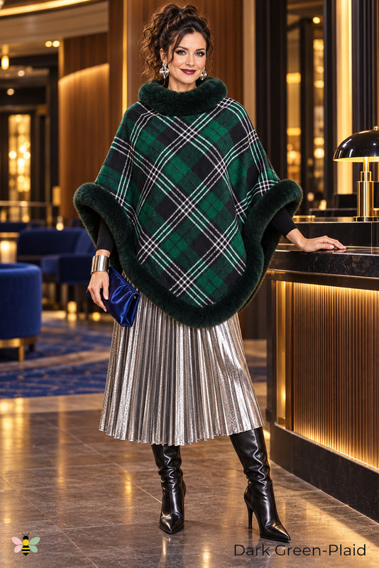 Highland Afterglow Faux Fur Plaid Cape | Dark Green-Plaid | front
