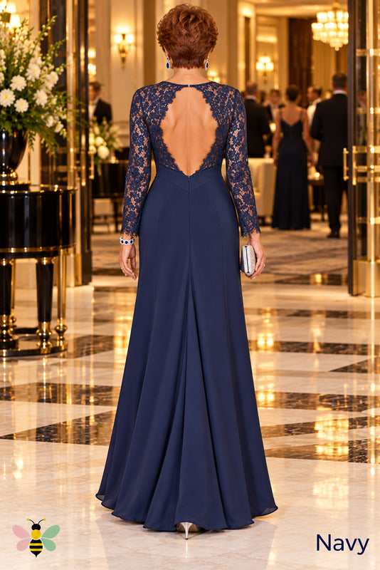 Midnight Poise Lace-Sleeve Gown | Navy | back