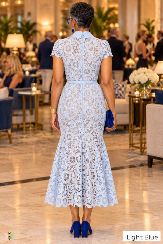 The Lace Society Belted Midi Dress | Light Blue | back