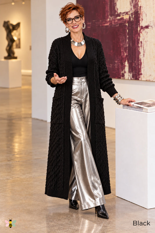 Long Game Cable Knit Cardigan | Black | front