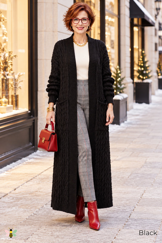 Long Game Cable Knit Cardigan | Black | front