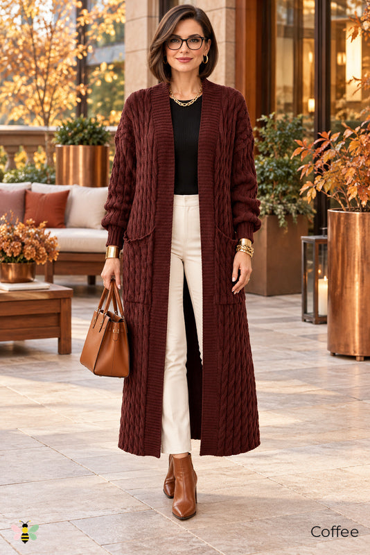 Long Game Cable Knit Cardigan | Coffee | front