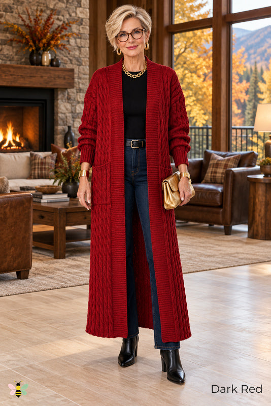 Long Game Cable Knit Cardigan | Dark Red | front