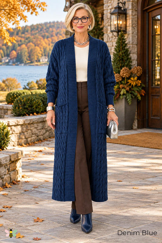 Long Game Cable Knit Cardigan | Denim Blue | front