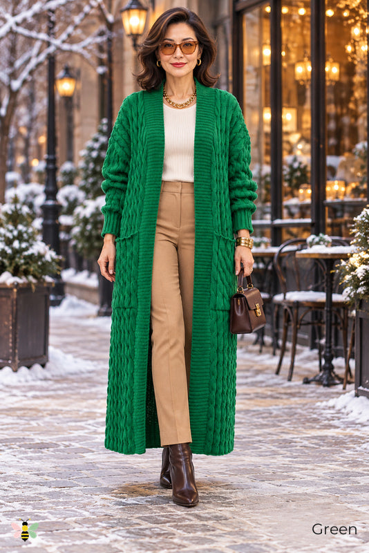 Long Game Cable Knit Cardigan | Green | front