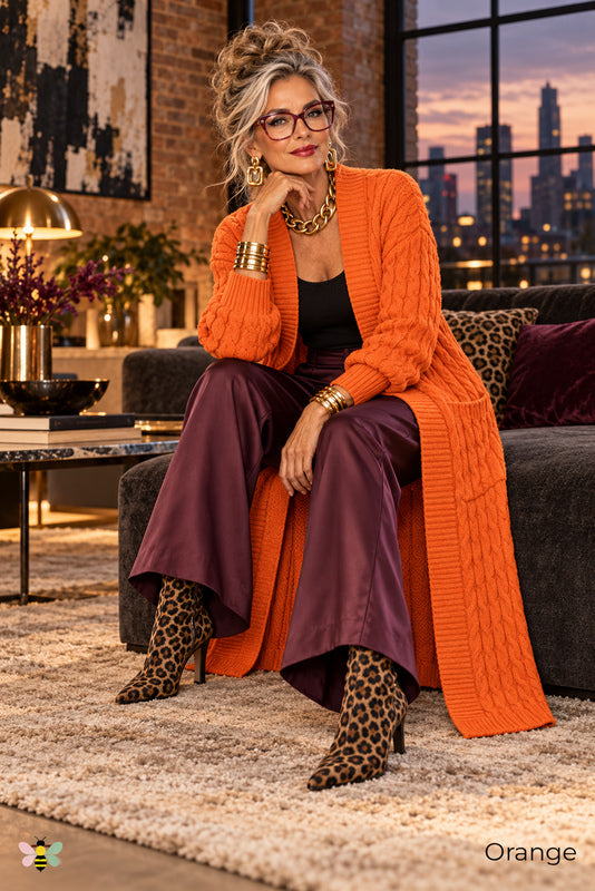 Long Game Cable Knit Cardigan | Orange | front