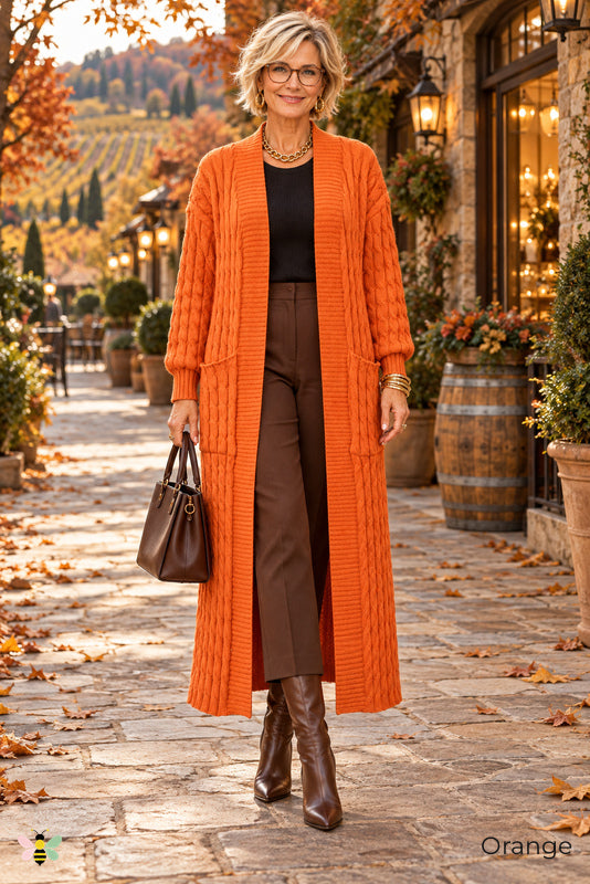 Long Game Cable Knit Cardigan | Orange | front