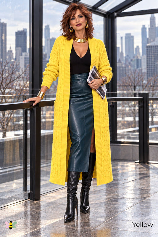 Long Game Cable Knit Cardigan | Yellow | front