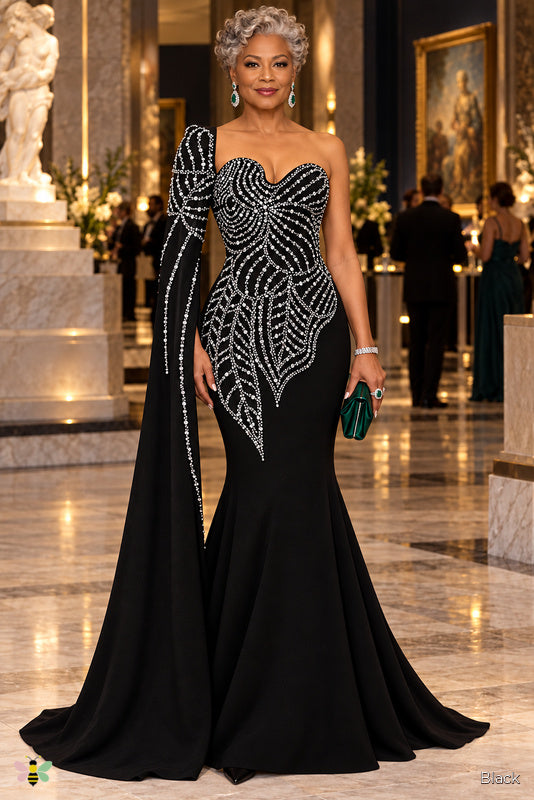 The Marquee Pearl One-Shoulder Gown | Black | front