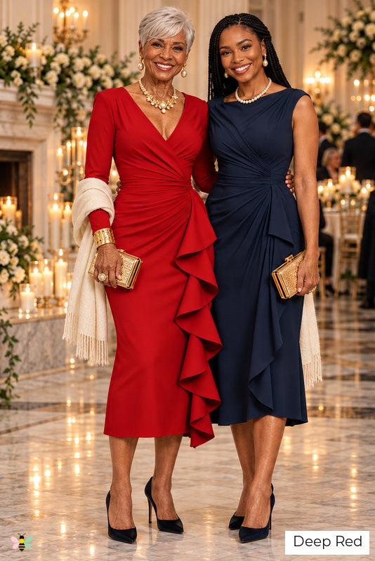 The Champagne Reception Ruffled Midi Dress | Deep Red | front