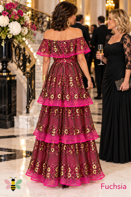 Fuchsia Fête Metallic Lace Tiered Gown | Fuchsia | back