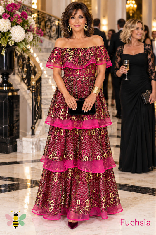 Fuchsia Fête Metallic Lace Tiered Gown | Fuchsia | front