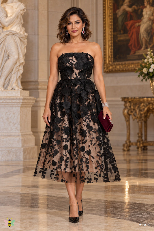 The Petal Nocturne Appliqué Midi Dress | Black | front