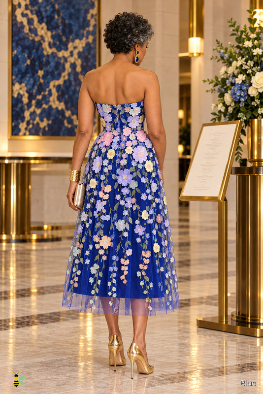 The Petal Nocturne Appliqué Midi Dress | Blue | back